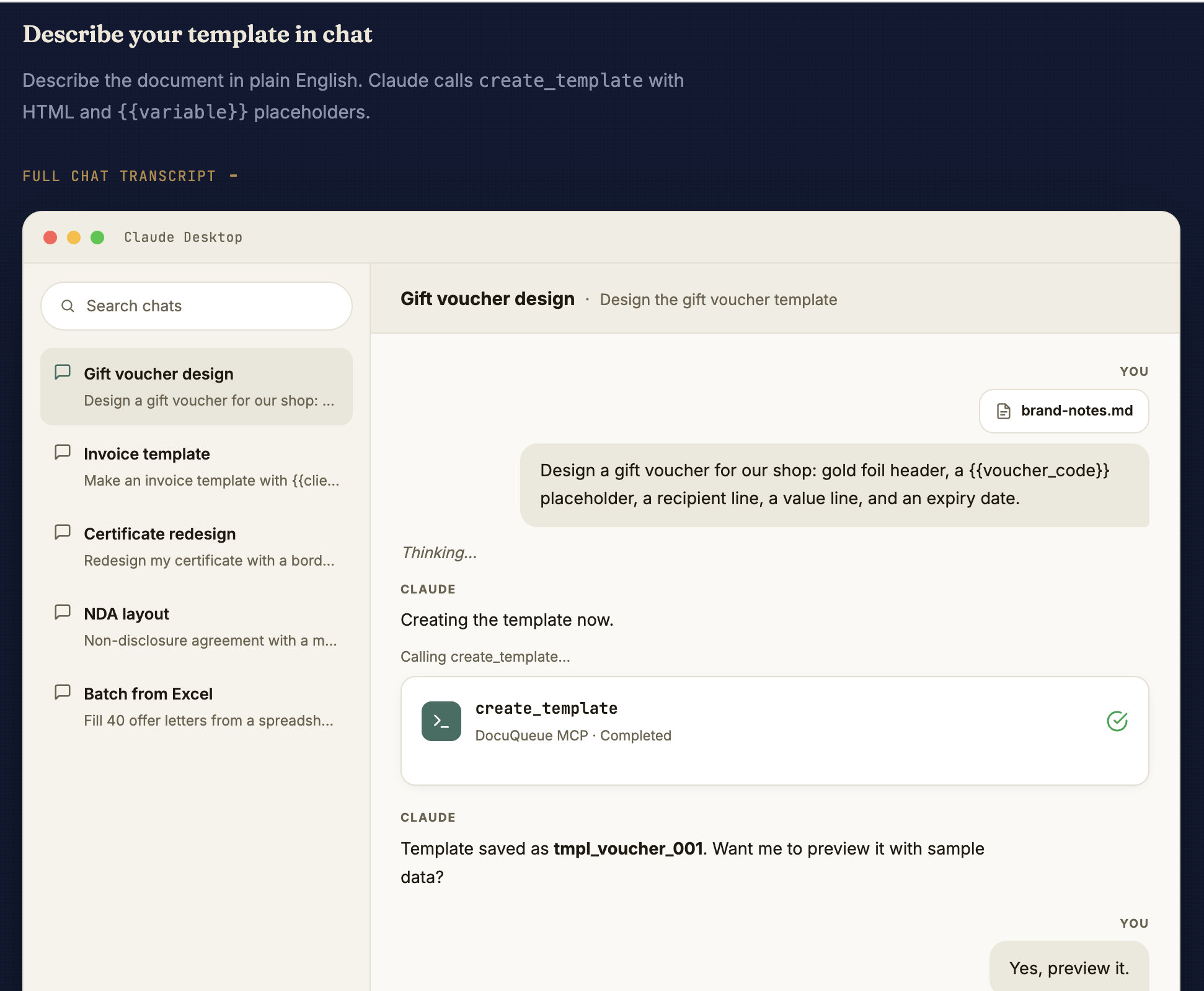 Claude Desktop chat creating a gift voucher template with the DocuQueue create_template MCP tool